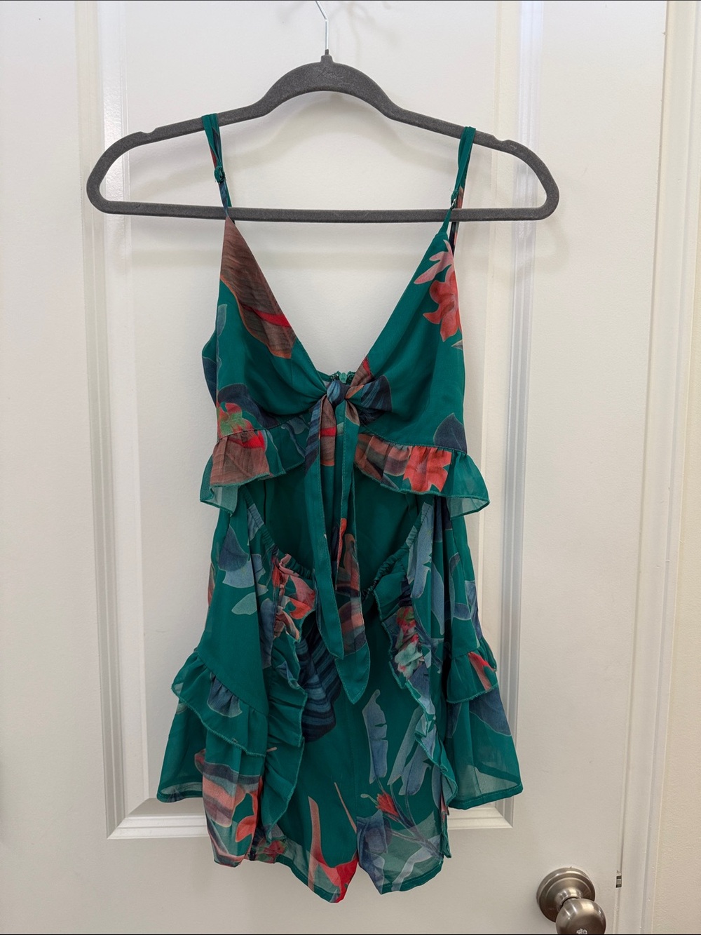 Luxxel Teal Floral Ruffle Tie-Front Camisole